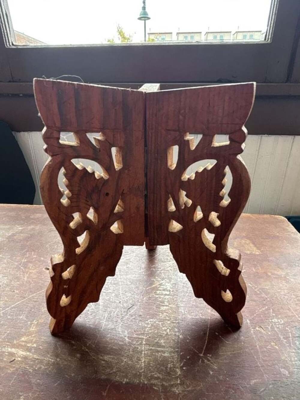 Vintage Hand Carved Wooden Trifold Hinged Folding Plant Stand Display Holder